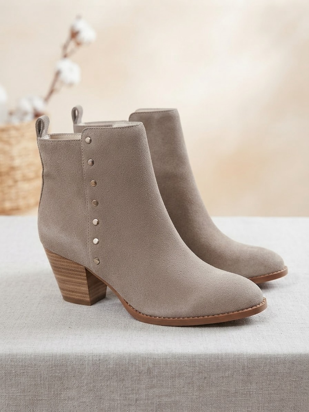 Nine West Freeport Suede Studded Ankle Booties - Taupe / Brown (Size 5.5)